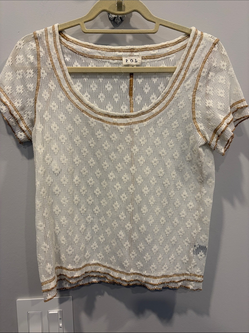 POL Cream Short Sleeve Lace Knit Top with Tan Trim